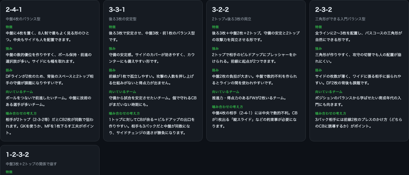 学ぶの実画面。8人制の主要システムの解説カード（特徴・強み・弱み・噛み合わせ）